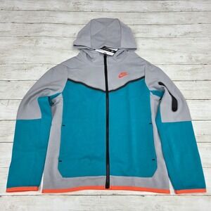 Nike Hoodie Boys L Grey Tech Fleece Full-Zip Colorblock CU9223-012 Teal Orange